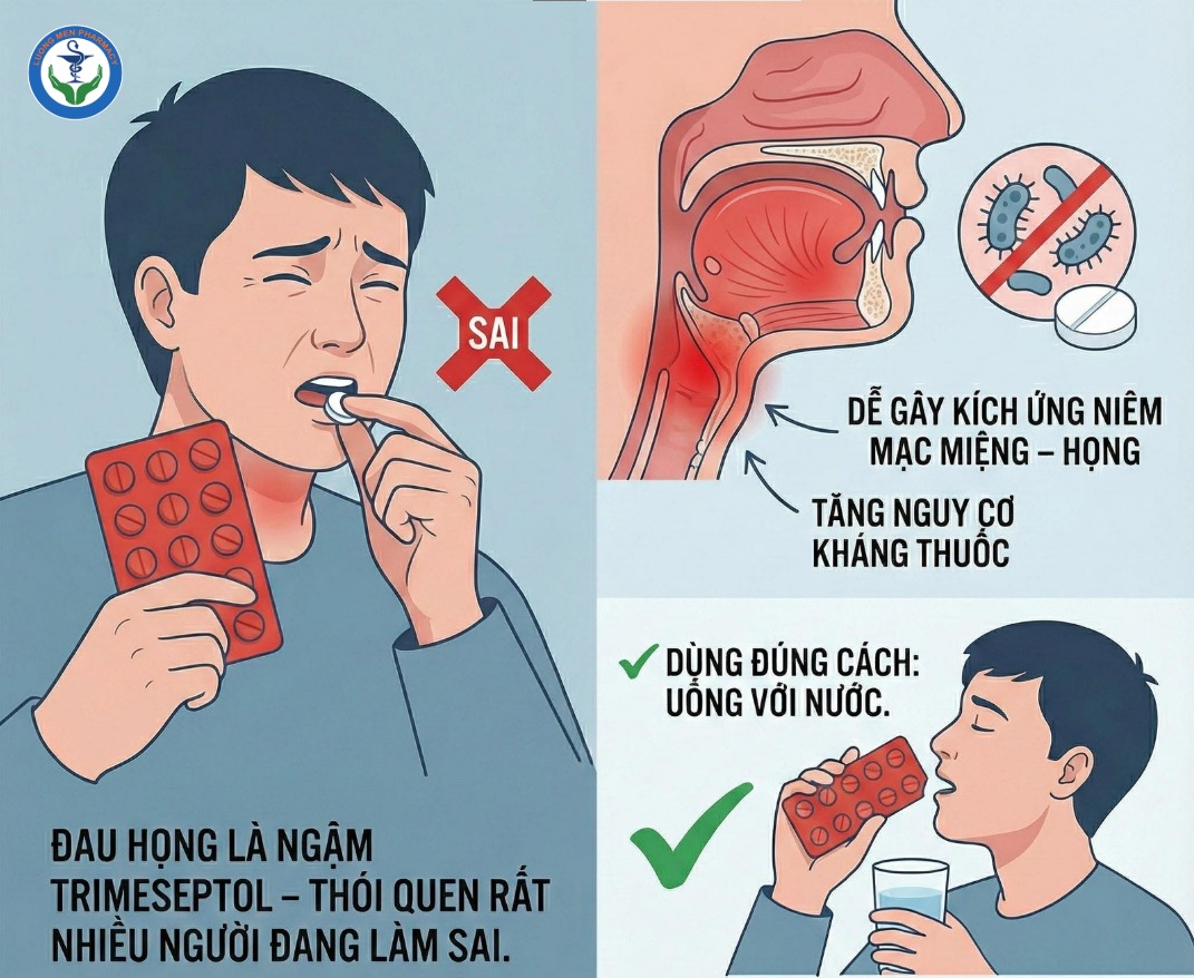THÓI QUEN NGẬM TRIMESEPTOL MỖI LẦN ĐAU HỌNG: SAI LẦM PHỔ BIẾN VÀ NHỮNG NGUY CƠ ÍT NGƯỜI BIẾT